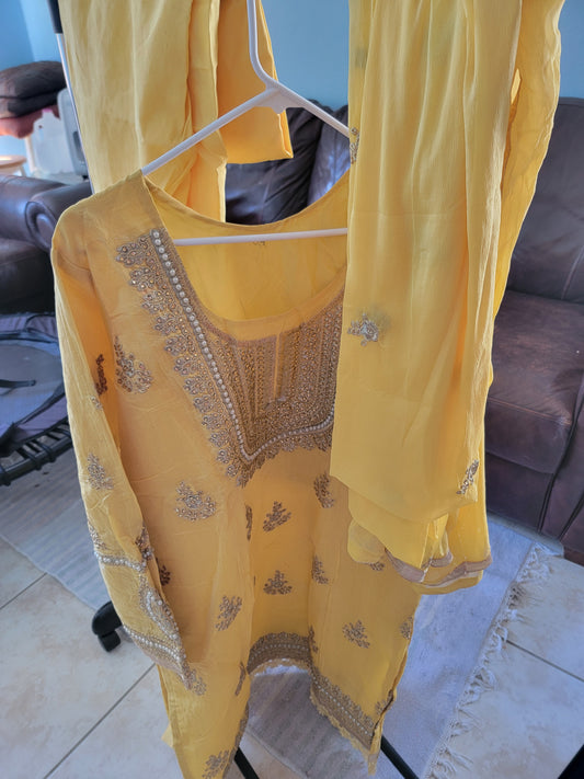 Yellow Cotton silk Salwar kameez Dress plus  Chest Size 48 Indian Wedding Party wear