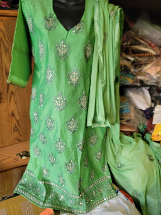 Green Hand Embroidered Cotton silk  Dress Salwar kameez Dress Plus Chest Size 48 Indian Wedding Party wear