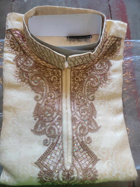 Gold  Silk Boys Kurta salwar kameez sherwani 2 pc  Free shawl age 1 To 10