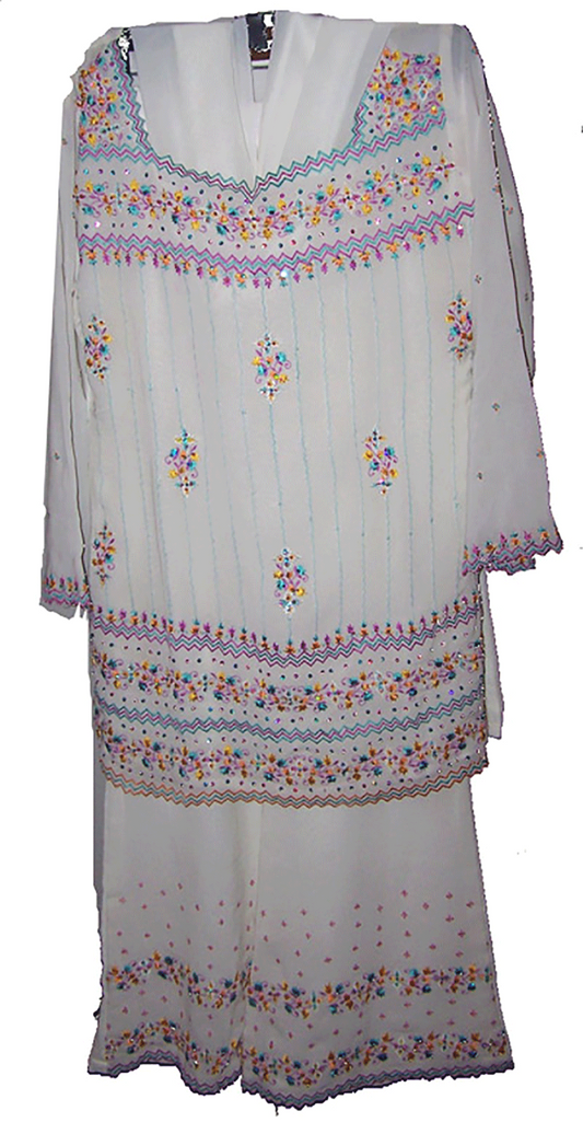 White Embroidered Long Sleeves Dress Salwar kameez Palazzo  Dress Chest Size 40