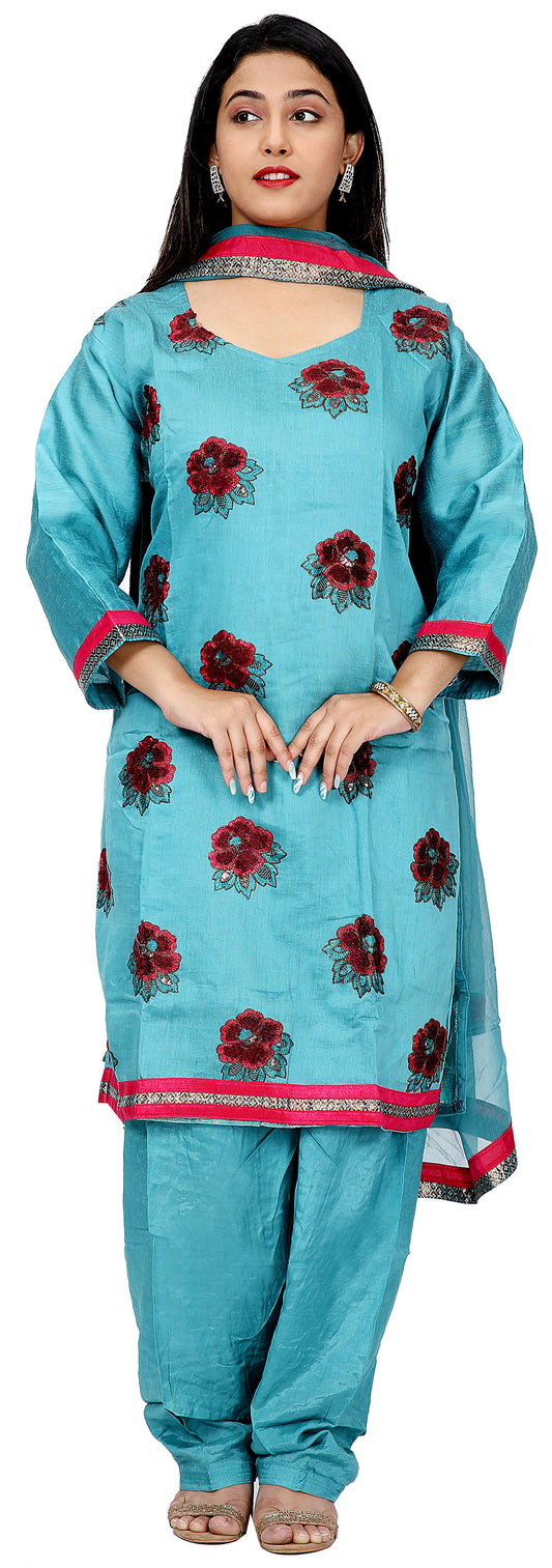 Blue Silk Embroidered  Salwar kameez Dress Plus Size 52