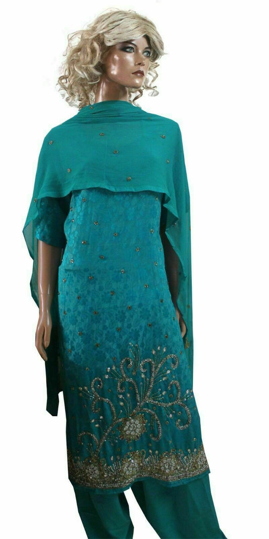 Emerald  Hand Beaded Self Floral Print Pure Crepe Wedding  Salwar kameez size 52