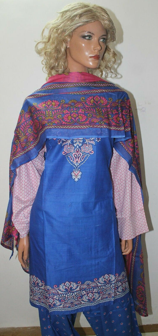 Blue Floral  Print Cotton Summer  Kurta with Dupatta & Trousers Plus size 54