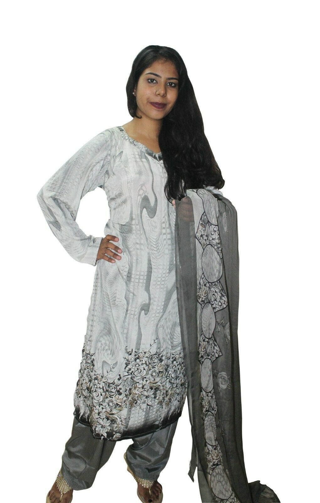 White Grey Crepe Designer Salwar kameez Kurta Dupatta pakistani Suit  Size 44