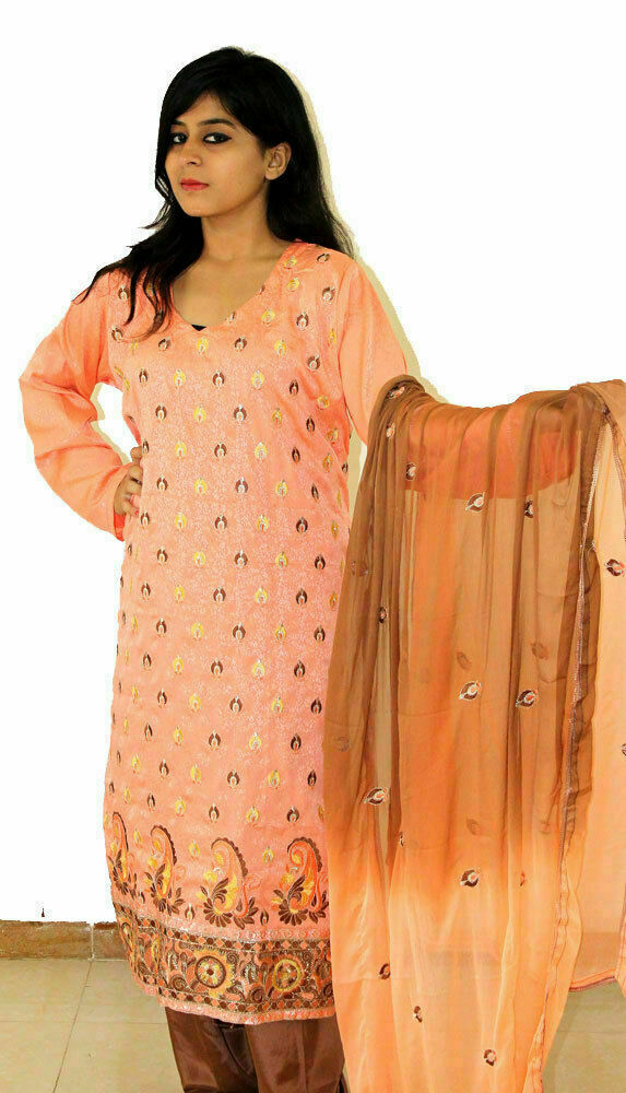Peach Crepe Catlog Embroidered Dress  Suit  Salwar kameez  Plus size 50