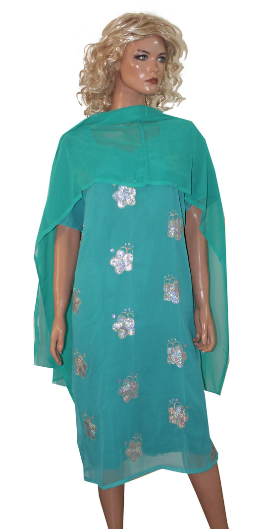 Blue Chiffon  Long Kurta Top With Free Salwar & Dupatta Plus Chest Size 56